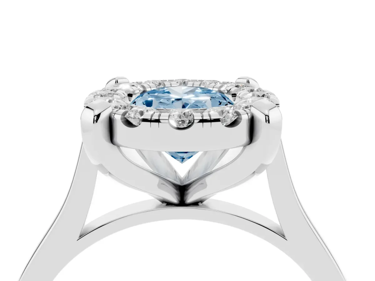 Fancy Blue Oval Cut Diamond Cluster Halo Solitaire with Four-Prong Setting Silver