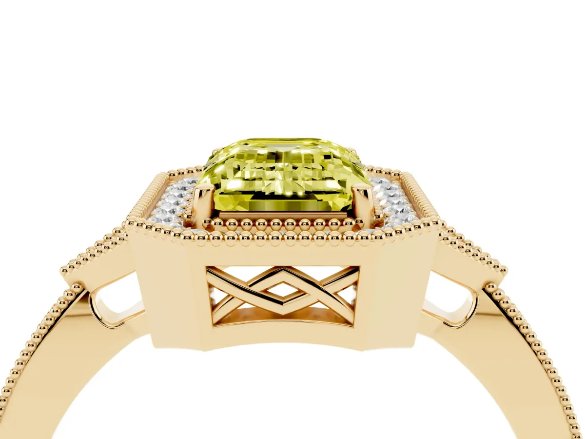 Fancy Yellow Emerald Cut Halo Round Diamond Milgrain Pave Engagement Ring Yellow gold