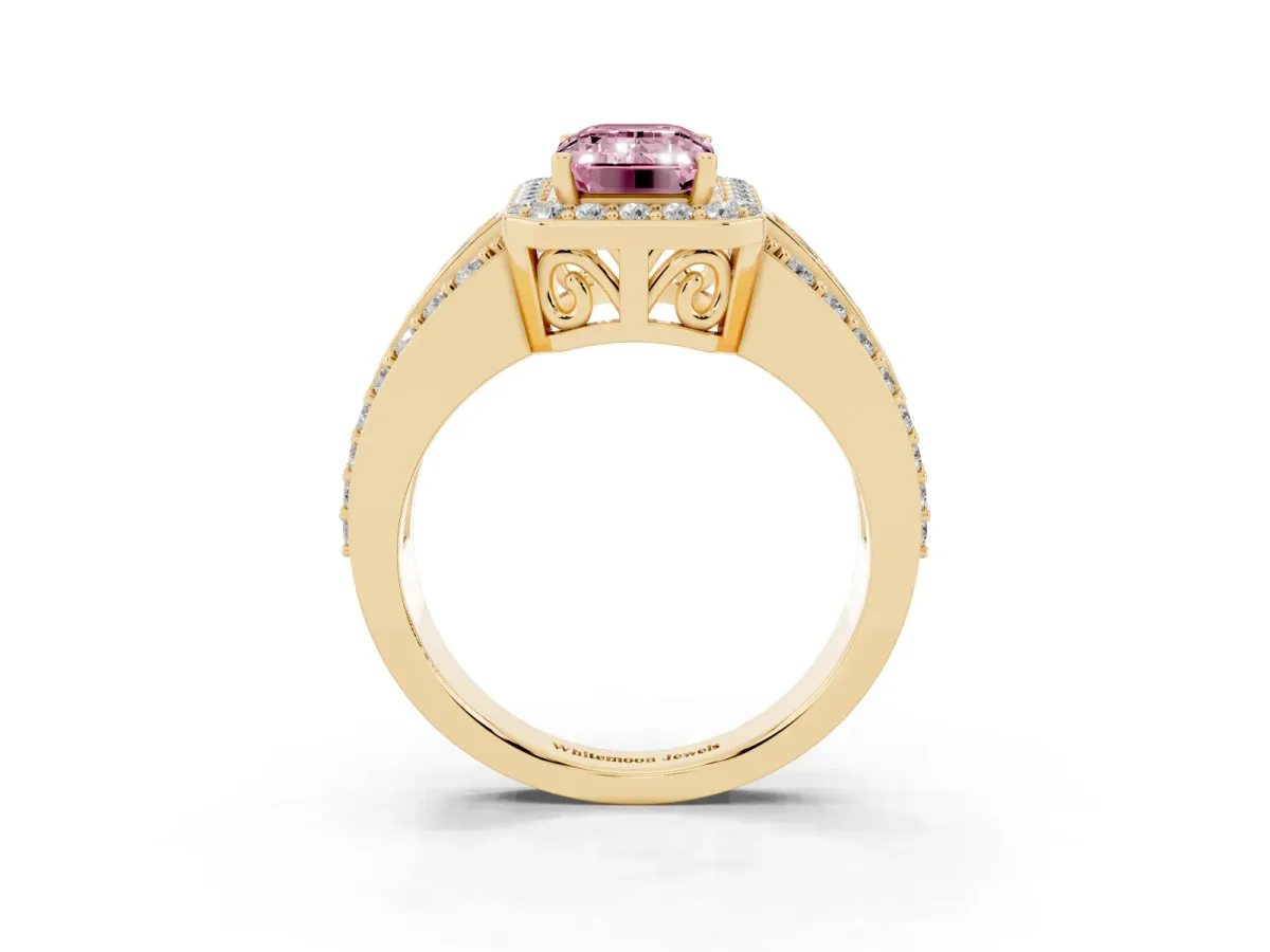 Fancy Pink Emerald Cut Halo Diamond Ring with Round Split Shank and Prong Setting Yellow gold