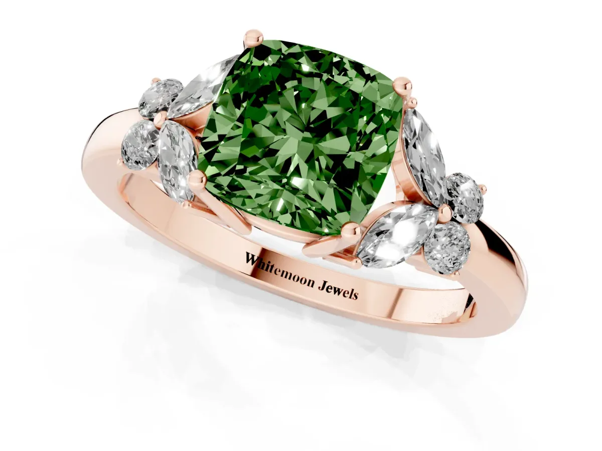 Fancy Green Cushion Cut Cut Solitaire Floral Diamond Ring with Four-Prong Setting Rose gold