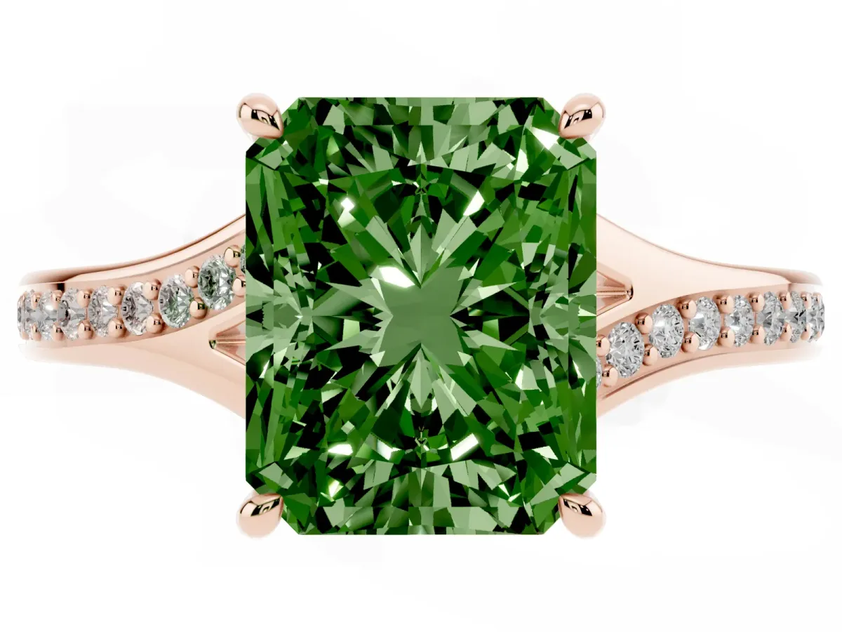 Fancy Green Radiant Cut Diamond Solitaire Ring with Pavé Band and Prong Setting Rose gold