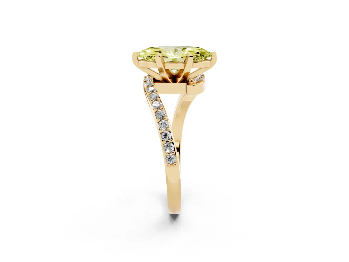 Fancy Yellow Marquise Cut Solitaire Twist Band with Pave Set Diamonds and Four-Prong Setting Yellow gold
