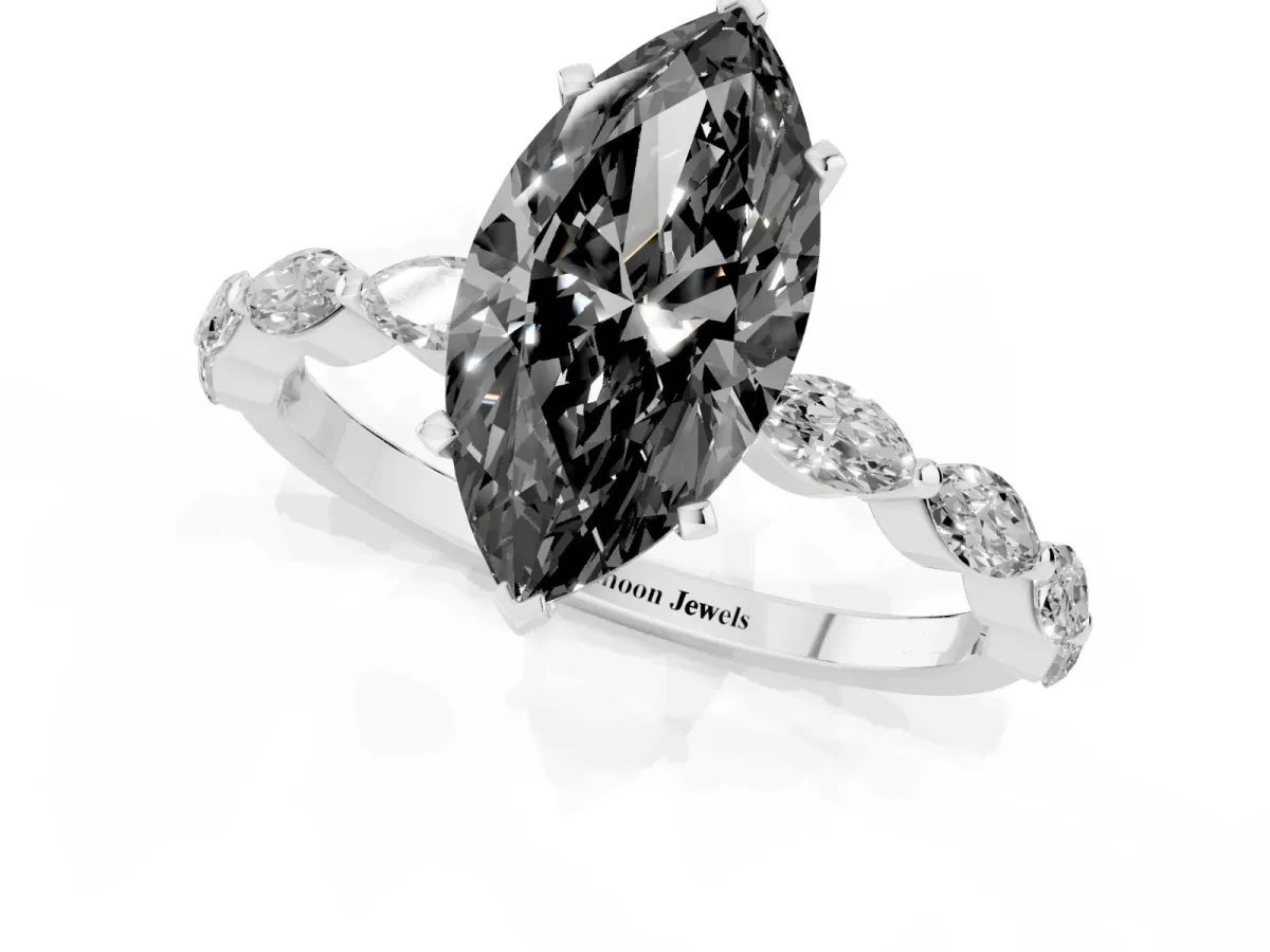 Fancy Black Marquise Cut Diamond Ring with Marquise Side Stones and Prong Setting Platinum