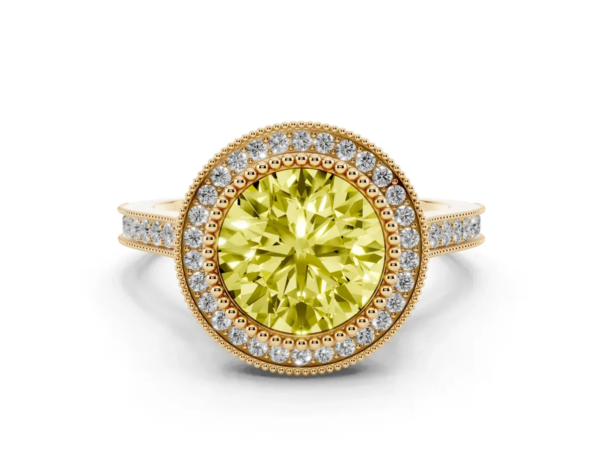 Fancy Yellow Round Cut Diamond Halo Ring with Milgrain Frame and Pavé Band Yellow gold