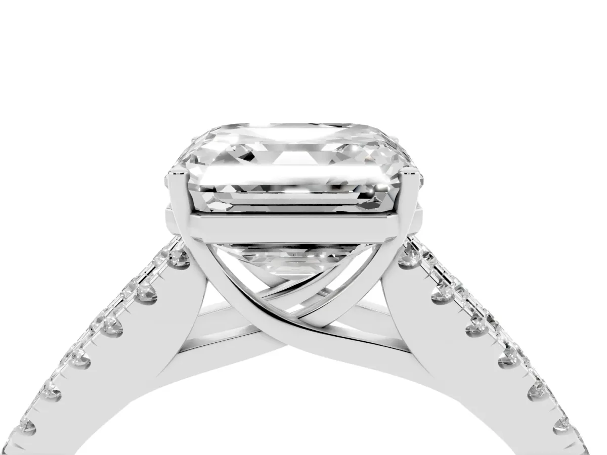 Asscher Cut Diamond Split Shank Engagement Ring with Round Pavé and Prong Setting Platinum
