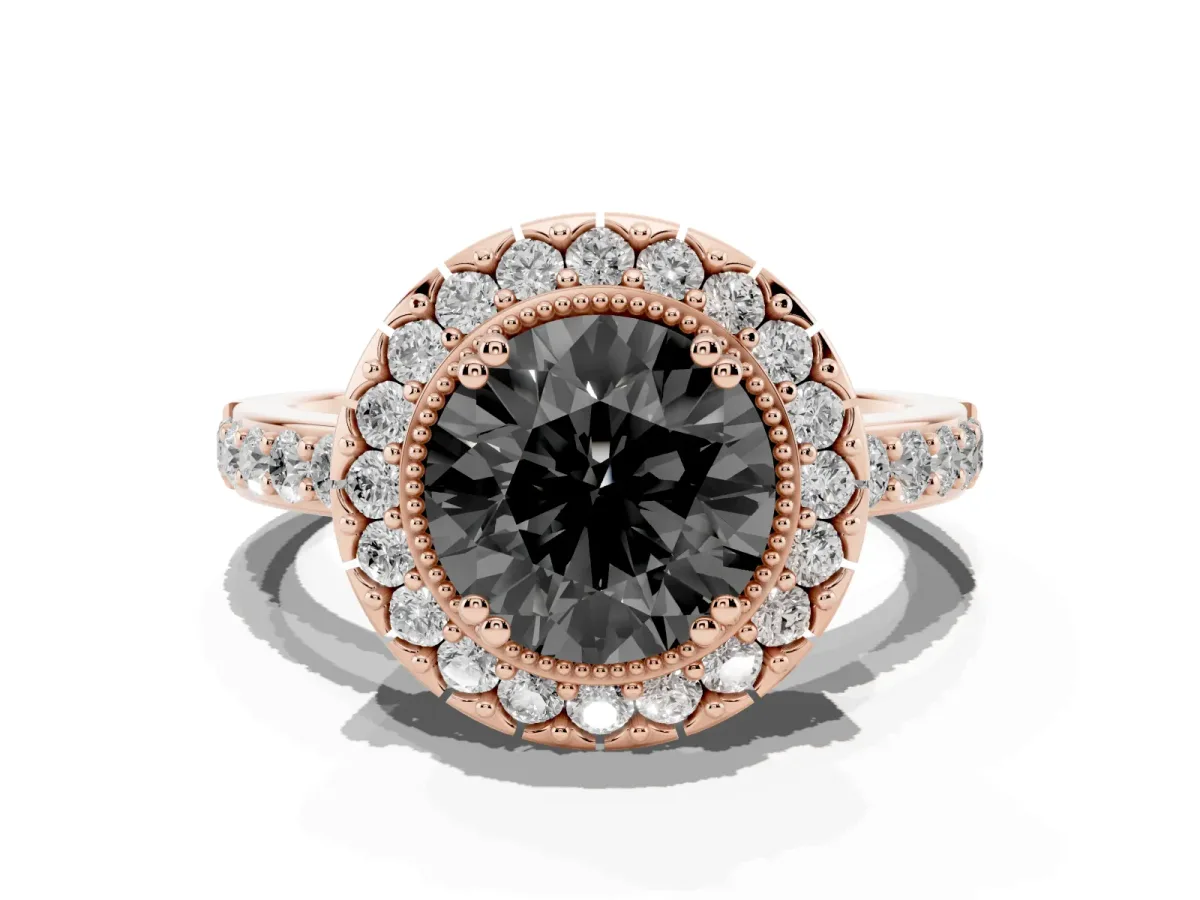 Fancy Black Round Cut Diamond Halo Ring with Pavé Band and Prong Setting Rose gold