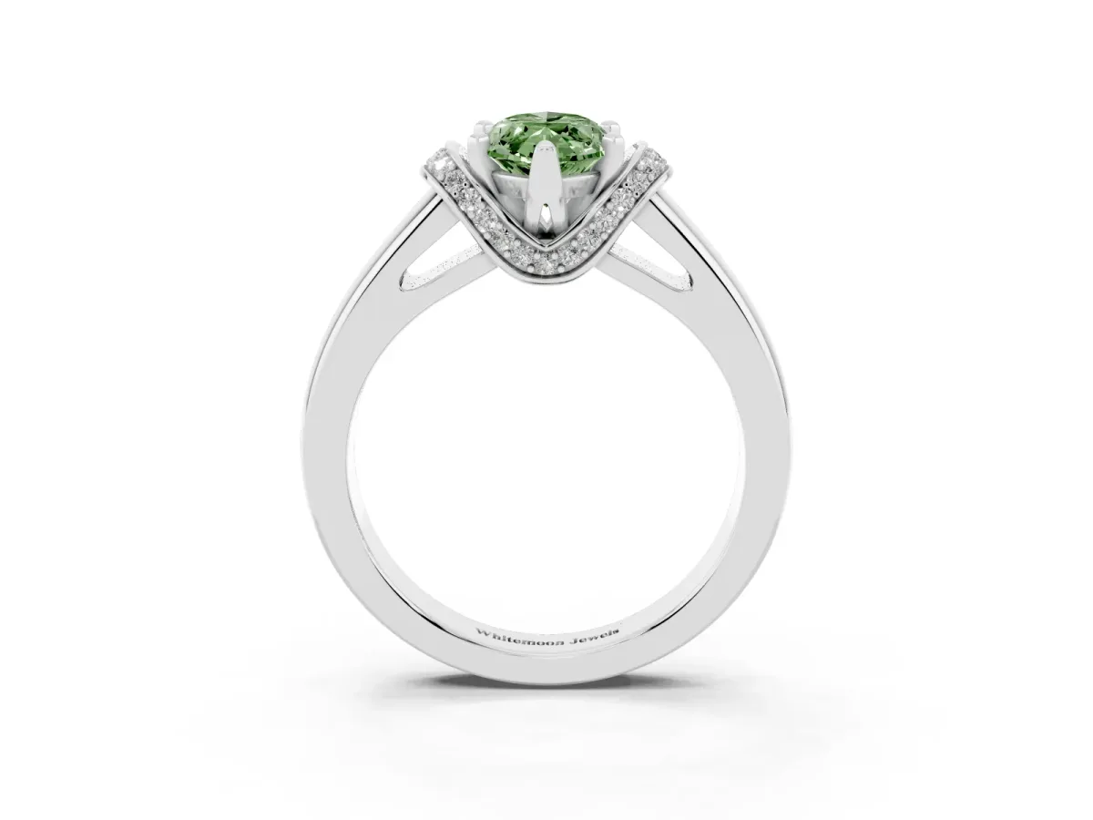 Fancy Green Marquise Cut Solitaire Diamond Ring with Pave Band and Six-Prong Setting Silver