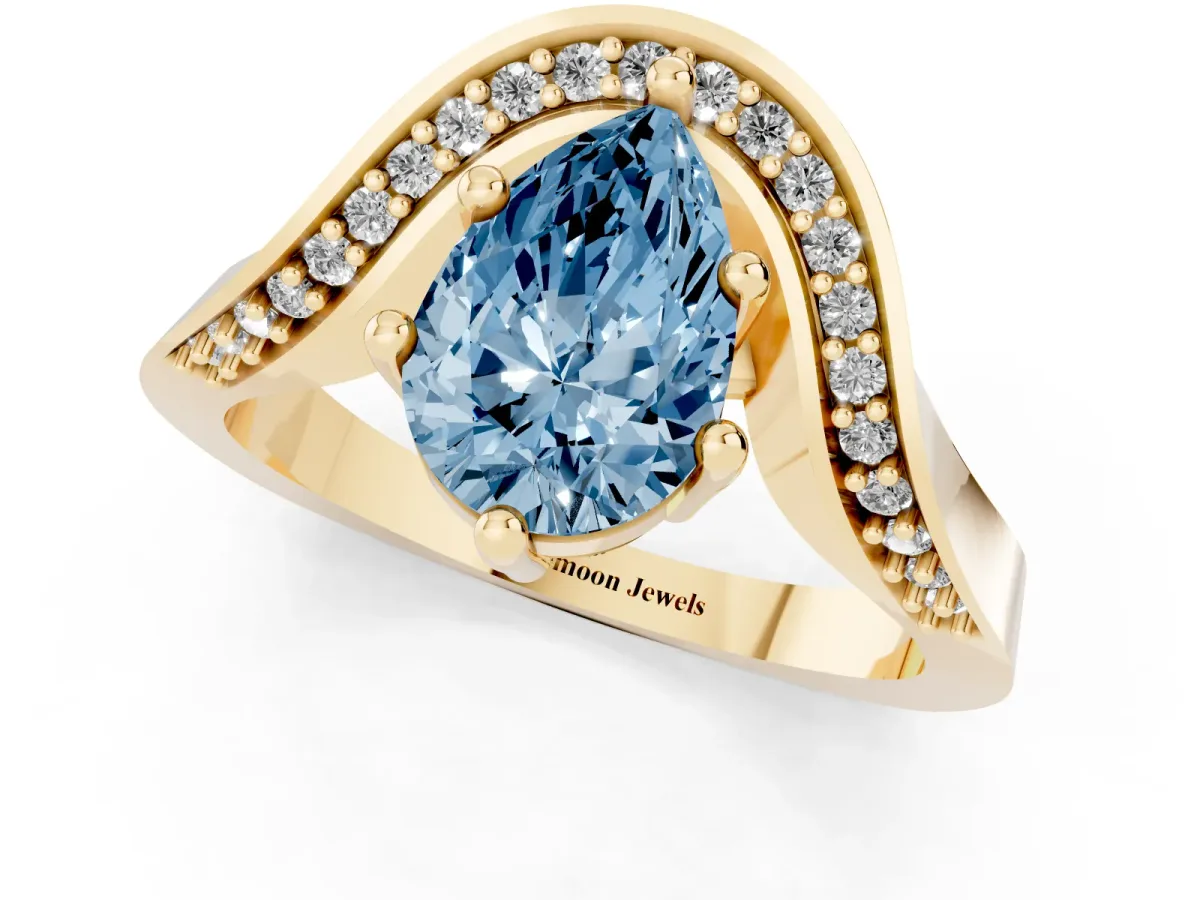 Fancy Blue Pear Cut Solitaire Diamond Engagement Ring with Pave Band and Four-Prong Setting Yellow gold