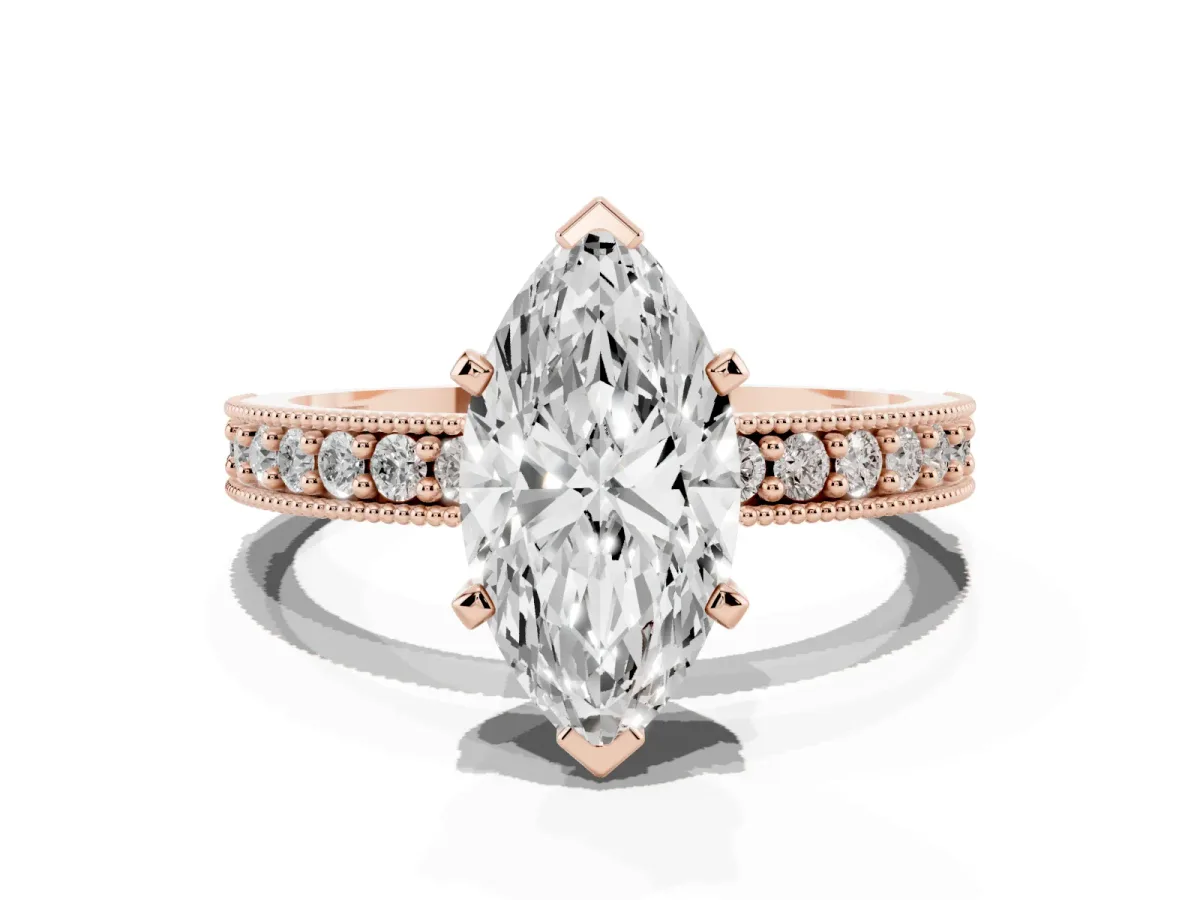 Marquise Cut Diamond Milgrain Pavé Engagement Ring with Four-Prong Setting Rose gold