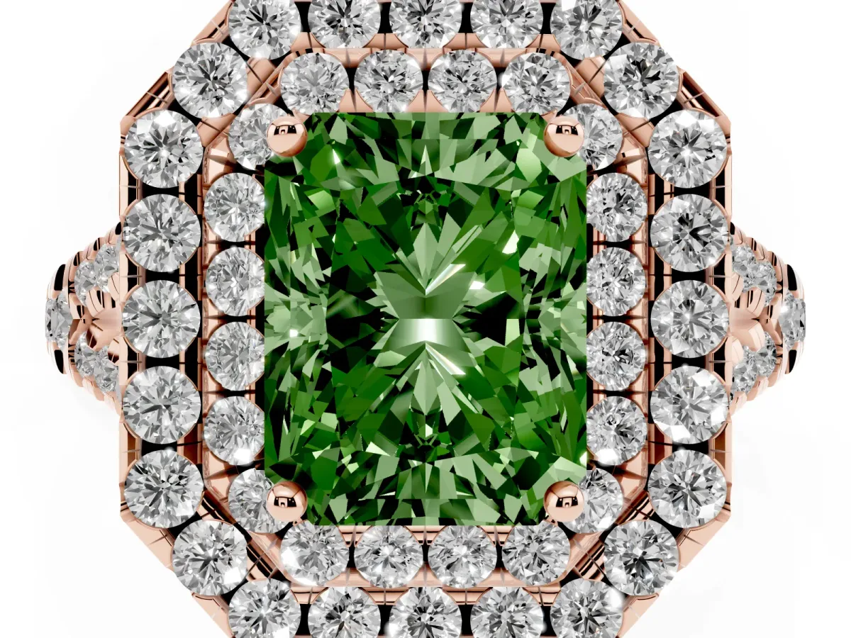 Fancy Green Double Halo Radiant Cut Diamond Pavé Split Shank Ring with Prong Setting Rose gold