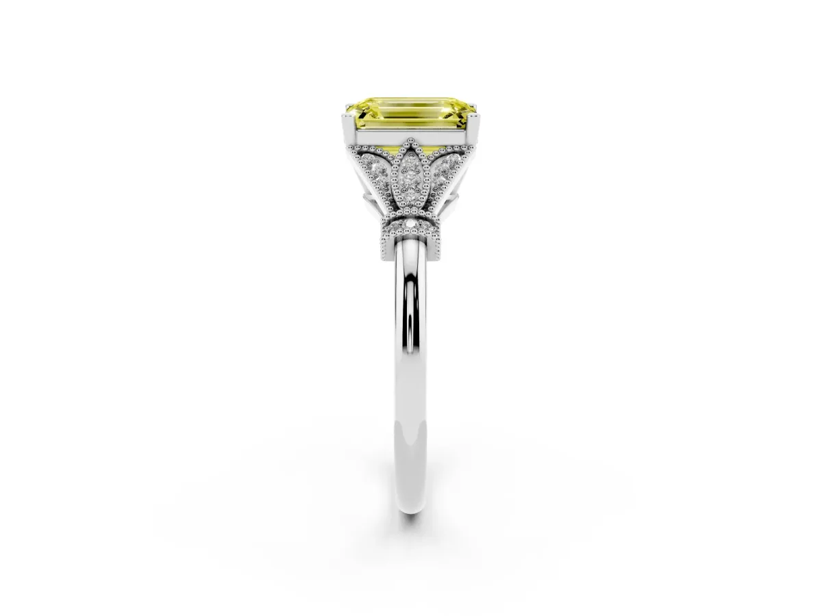 Fancy Yellow Emerald Cut Diamond Solitaire Ring with Floral Filigree and Pave Accents Platinum