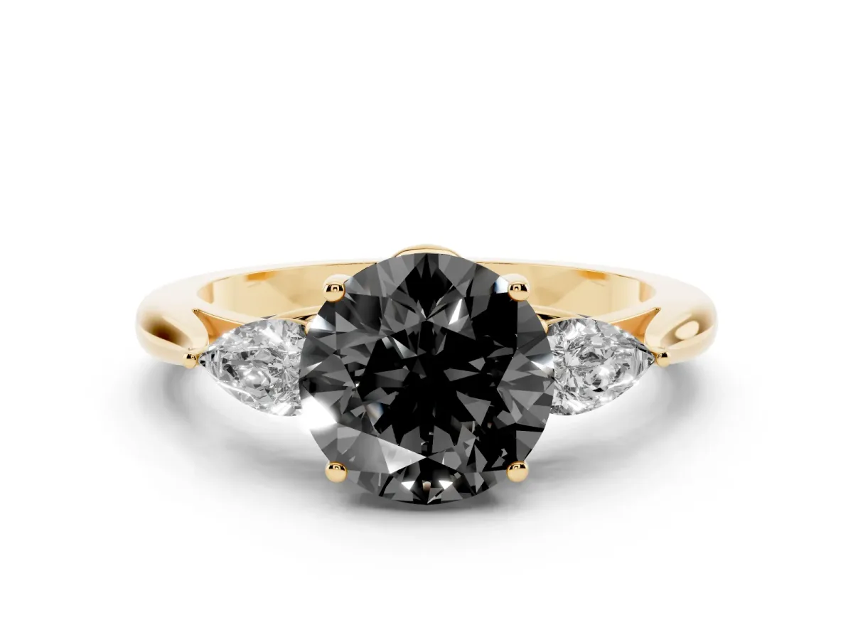 Fancy Black Round Cut Diamond Three-Stone Ring with Pear Side Stones and Prong Setting Yellow gold
