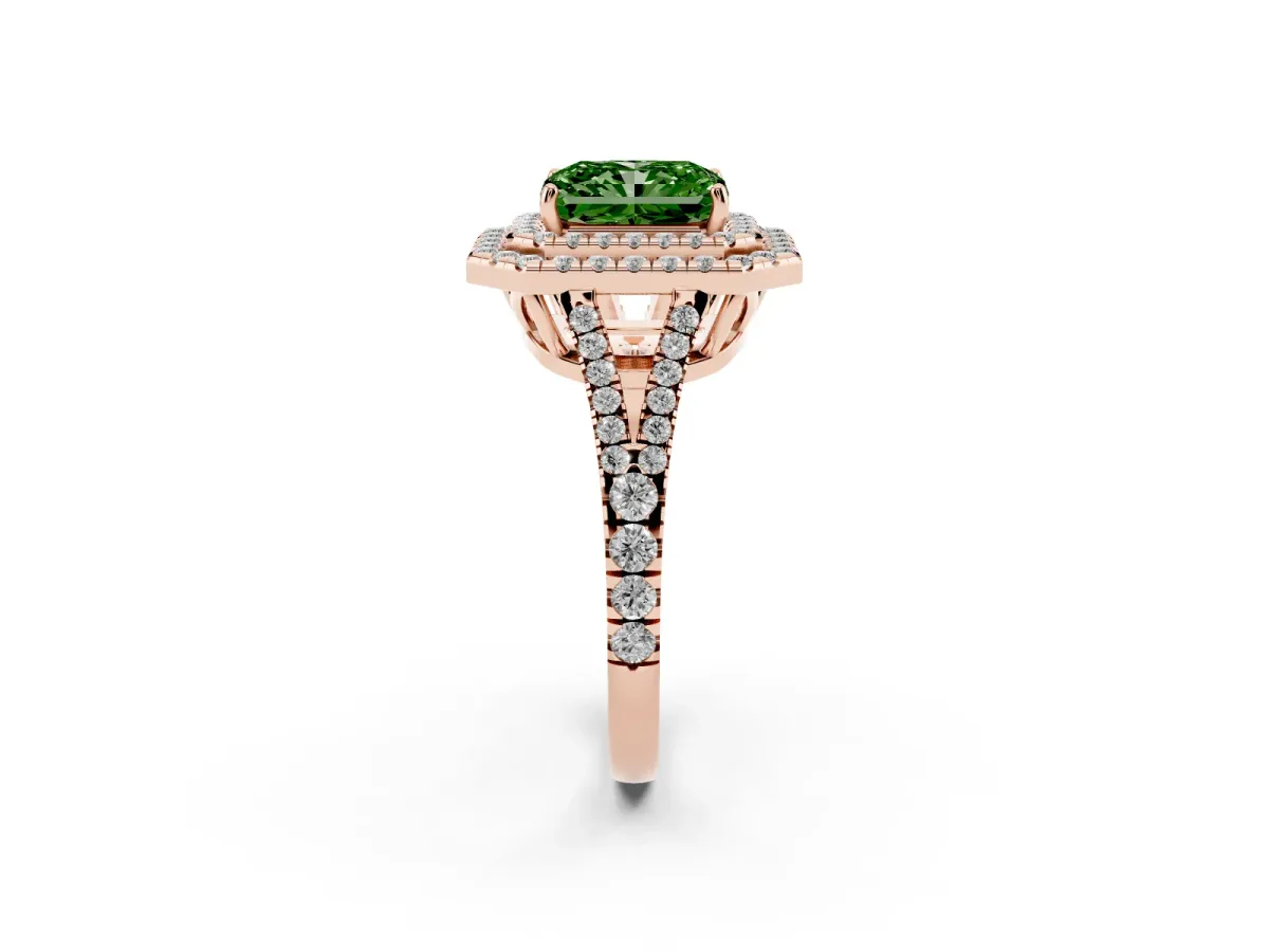Fancy Green Radiant Cut Diamond Double Halo Ring with Pavé Band and Prong Setting Rose gold