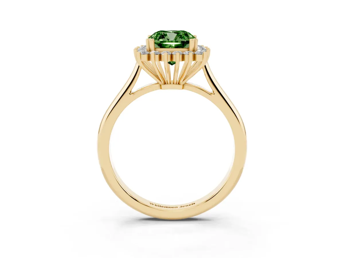 Fancy Green Cushion Cut Cut Diamond Halo Ring with Solitaire Band and Prong Setting Yellow gold