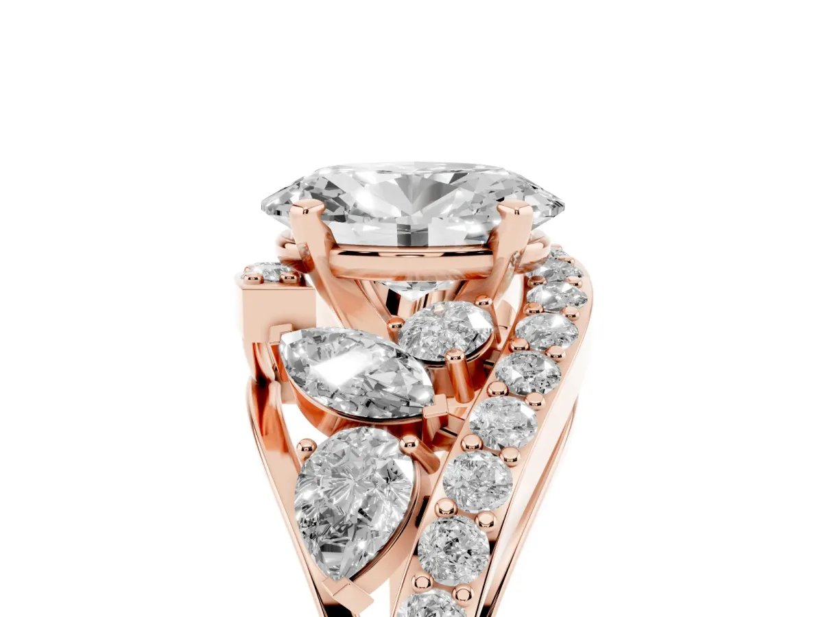 Oval Cut Diamond Halo Ring with Marquise and Pavé Band in Prong Setting Rose gold