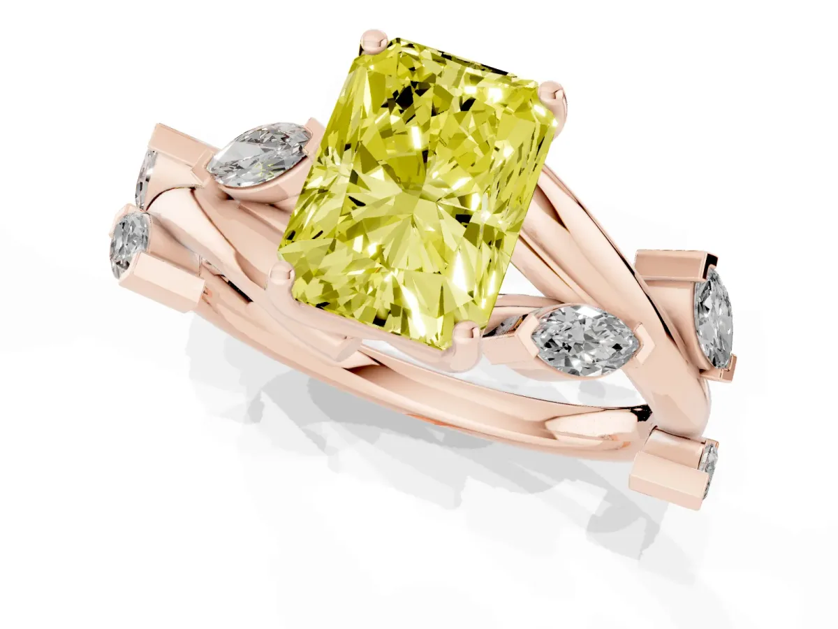 Fancy Yellow Radiant Cut Solitaire Twisted Band Marquise Accent Prong Setting Ring Rose gold