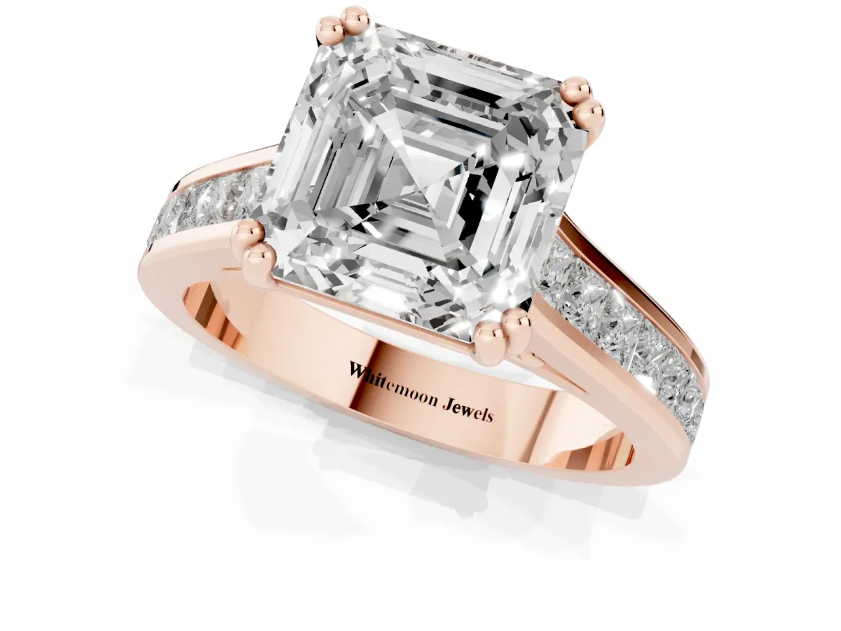 Asscher Cut Cut Channel Set Solitaire Engagement Ring with Prong Setting Rose gold