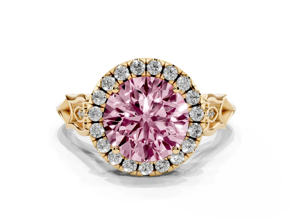 Fancy Pink Round Cut Halo Diamond Engagement Ring with Filigree Band and Four-Prong Setting Yellow gold