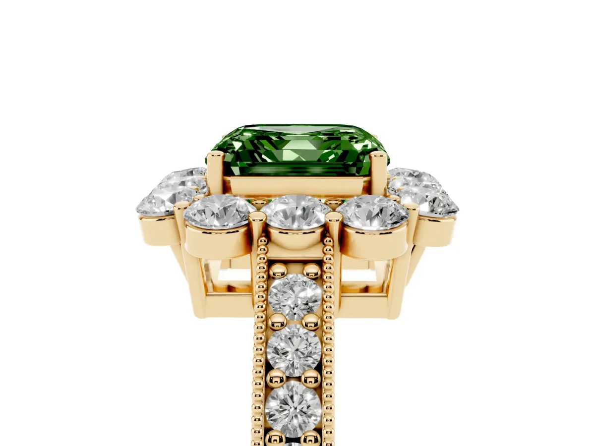 Fancy Green Asscher Cut Cut Halo Diamond Pavé Engagement Ring with Milgrain Detailing Yellow gold