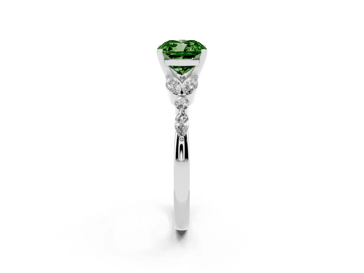 Fancy Green Cushion Cut Diamond Solitaire Ring with Side Stones and Four-Prong Setting Silver