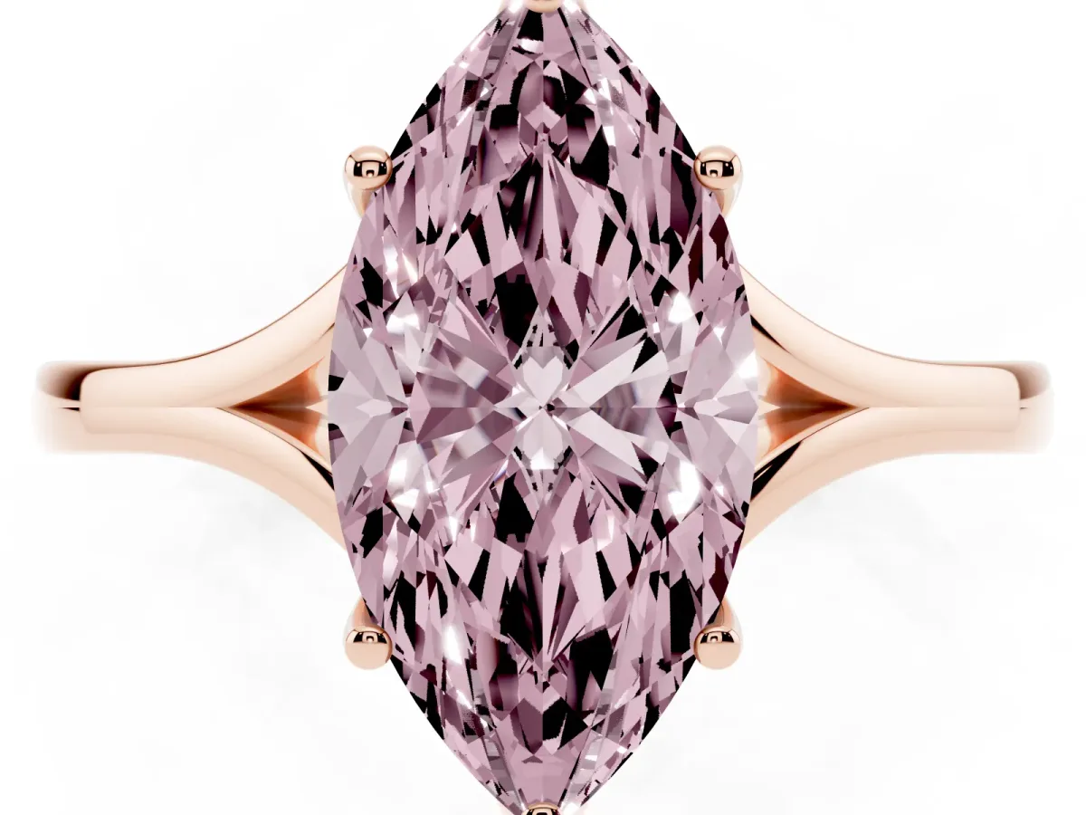 Fancy Pink Marquise Cut Solitaire Diamond Ring with Six-Prong Setting and Tapered Band Rose gold