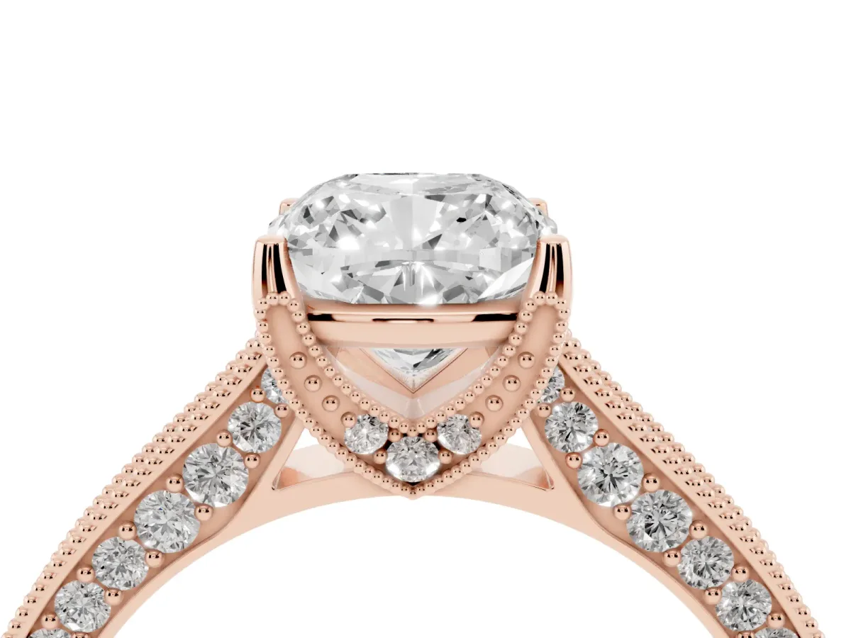 Cushion Cut Cut Diamond Solitaire Ring with Milgrain Pave Band and Four Prong Setting Rose gold