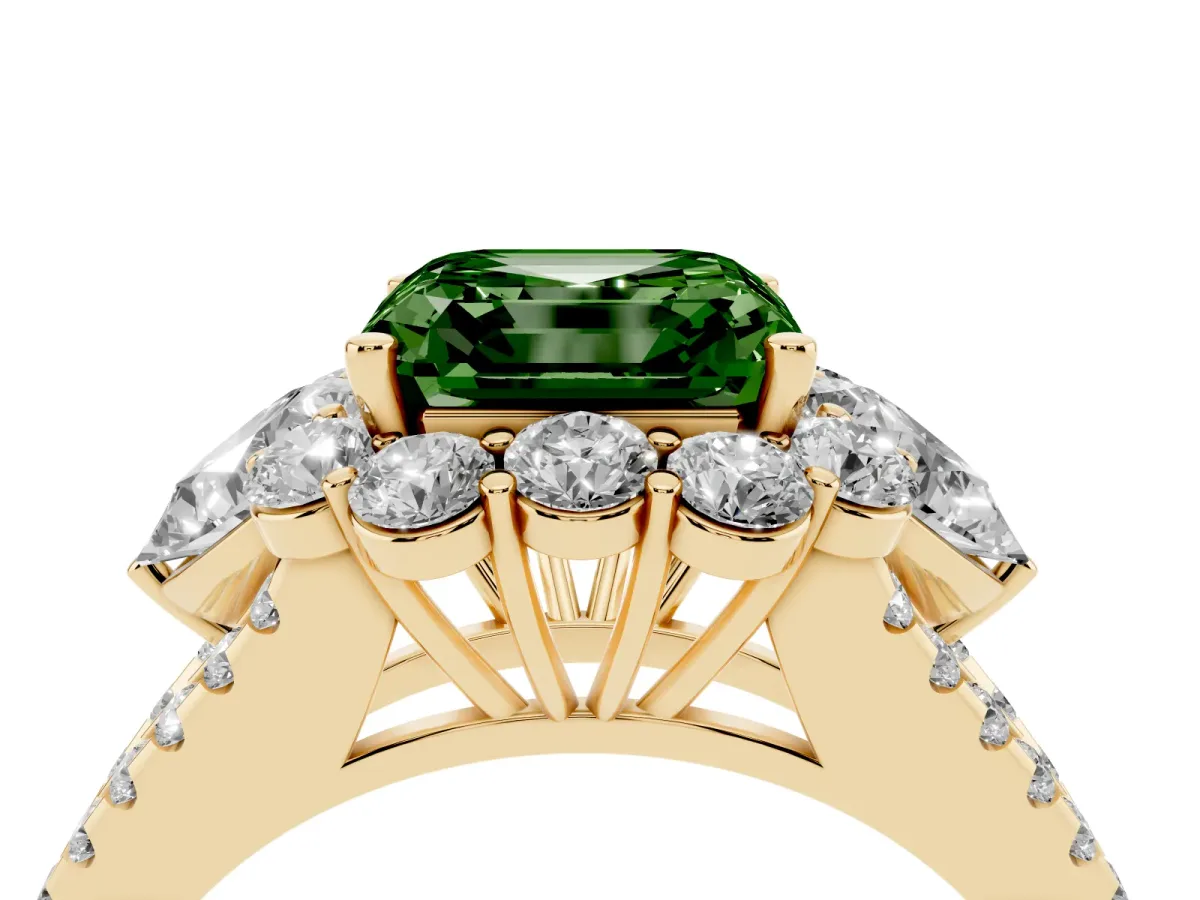 Fancy Green Asscher Cut Halo Split Shank Diamond Engagement Ring with Prong Setting Yellow gold