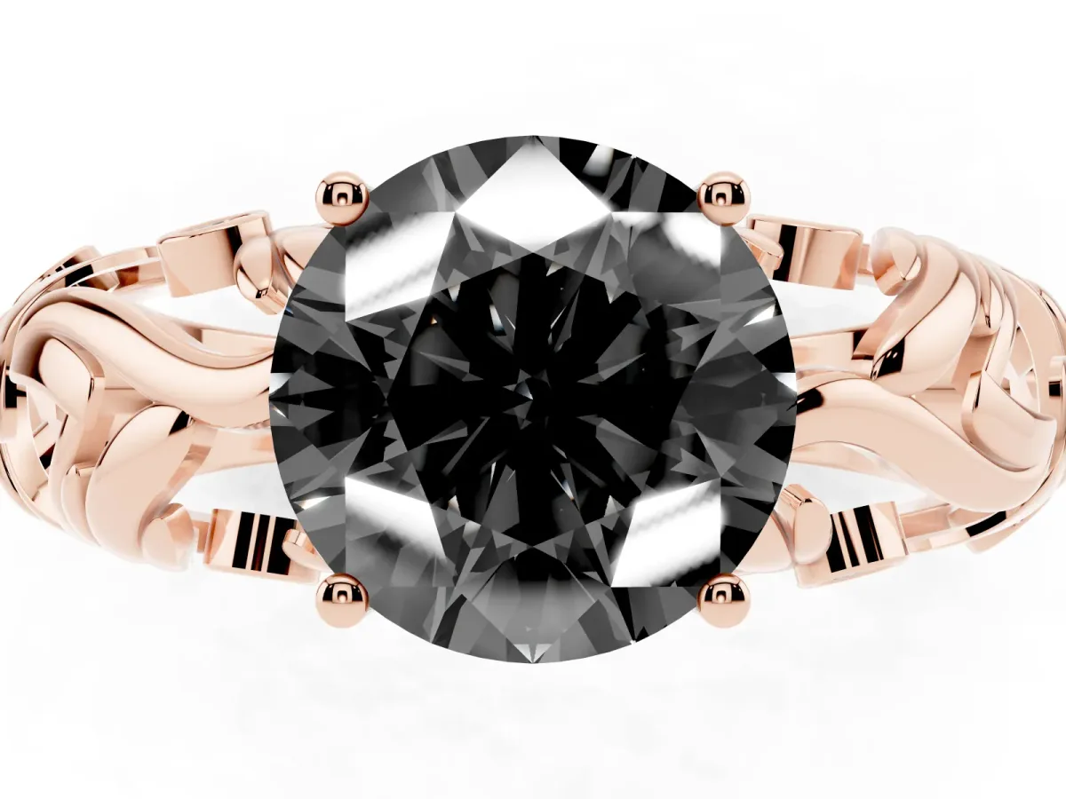 Fancy Black Round Cut Solitaire Diamond Leaf-Inspired Vine Band Ring with Prong Setting Rose gold