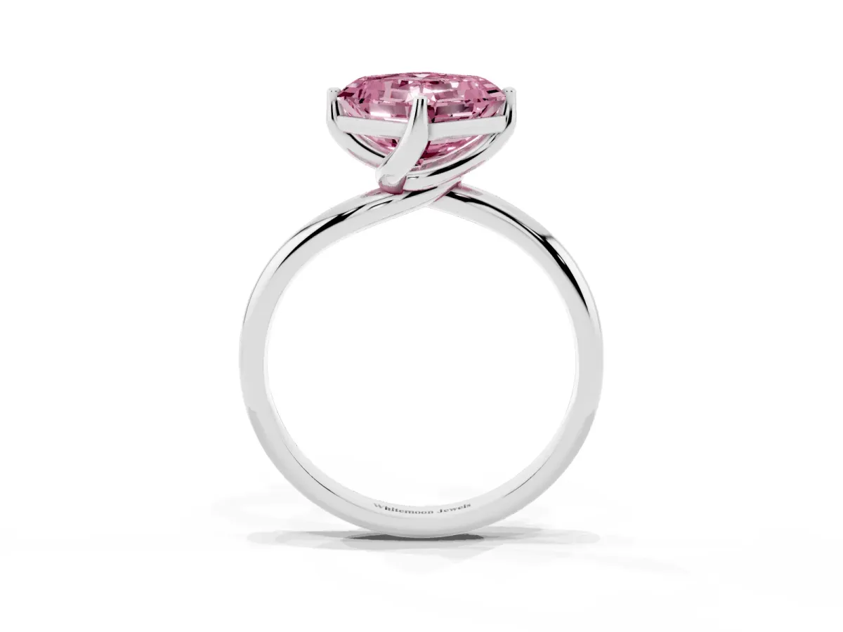 Fancy Pink Asscher Cut Diamond Solitaire Engagement Ring with Four-Prong Setting and Classic Band Platinum