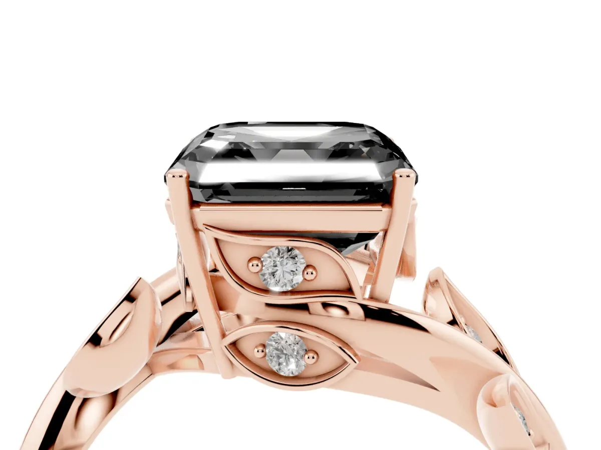Fancy Black Asscher Cut Solitaire Twist Engagement Ring with Leaf Accents and Prong Setting Rose gold