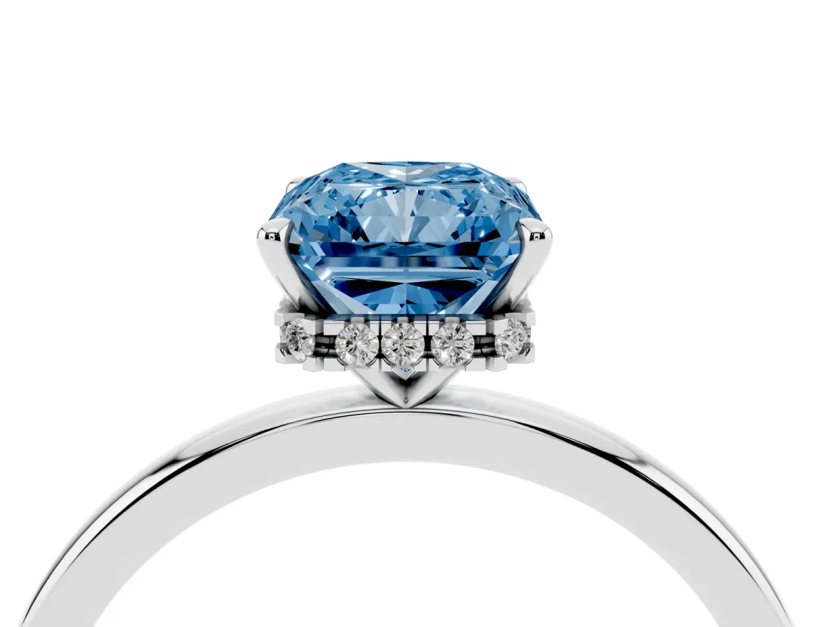 Fancy Blue Radiant Cut Solitaire Engagement Ring with Cathedral Band and Four-Prong Setting Silver