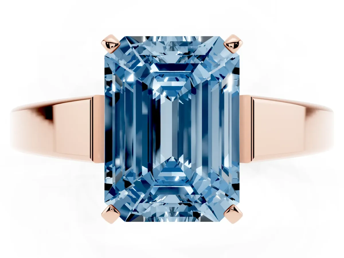 Fancy Blue Emerald Cut Solitaire Engagement Ring with Four-Prong Setting and Tapered Band Rose gold