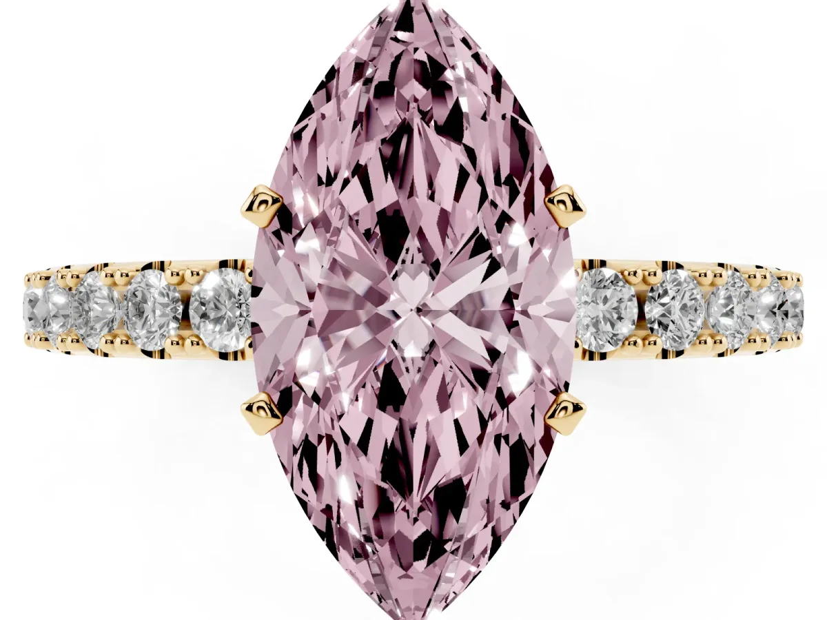 Fancy Pink Marquise Cut Diamond Solitaire Pavé Band with Four-Prong Setting Yellow gold