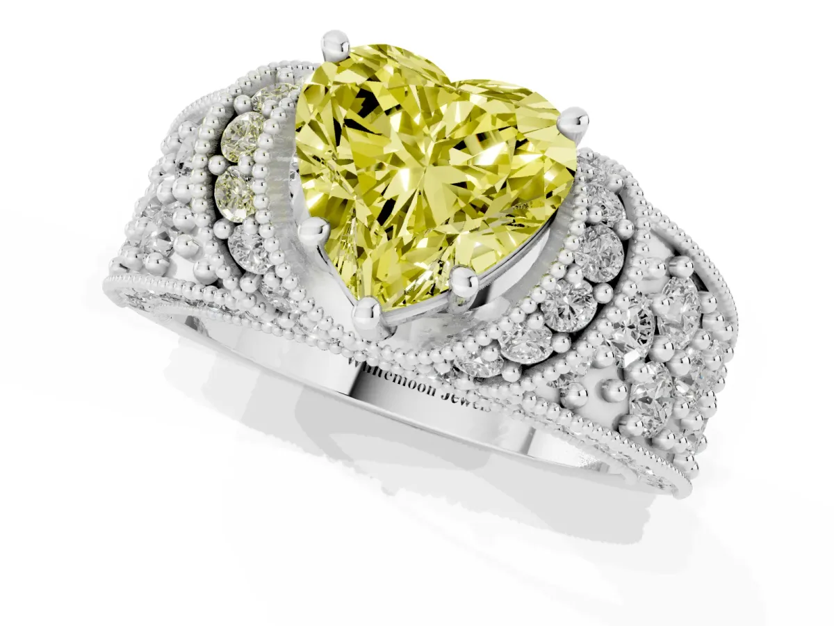 Fancy Yellow Heart Cut Halo Pave Diamond Engagement Ring with Milgrain Detailing White gold