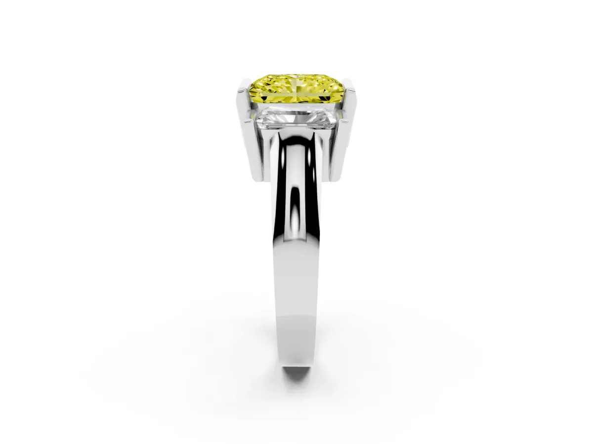 Fancy Yellow Three Stone Radiant Cut Cut Channel Set Diamond Ring Silver
