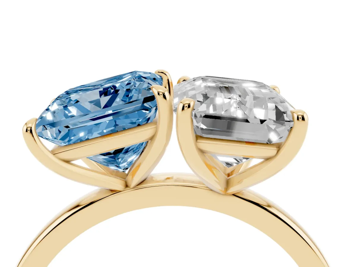 Fancy Blue Princess Cut and Emerald Cut Toi Moi Ring with Prong Setting Yellow gold