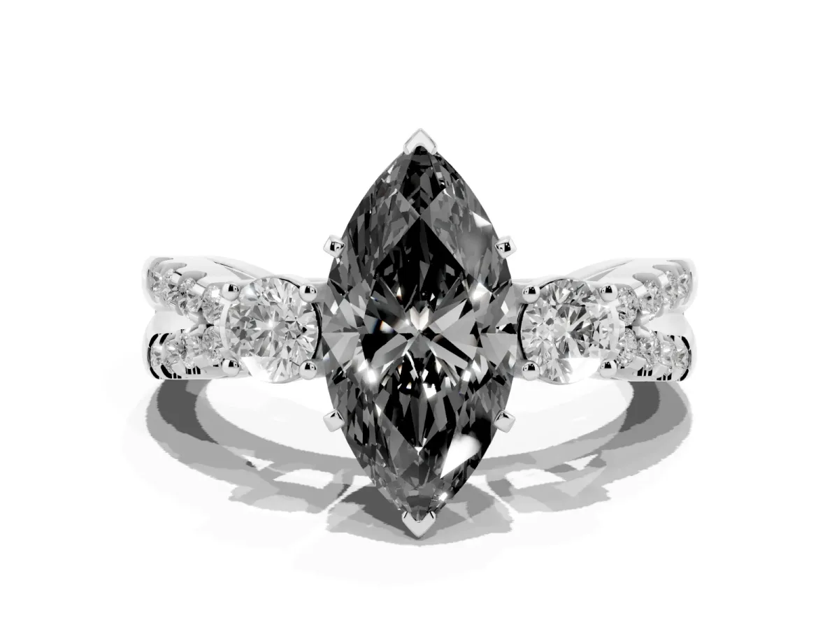Fancy Black Marquise Cut Diamond Three-Stone Ring with Pavé Split Shank and Four-Prong Setting Platinum