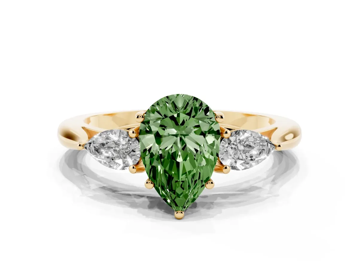 Fancy Green Three-Stone Pear Cut Brilliant Diamond Solitaire Ring with Tapered Band and Four-Prong Setting Yellow gold