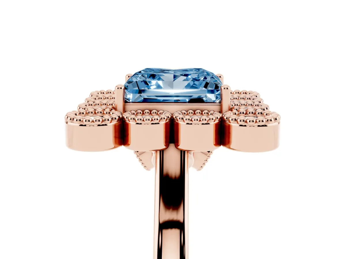Fancy Blue Princess Cut Halo Diamond Cluster Engagement Ring with Milgrain Bezel Setting and Solitaire Band Rose gold