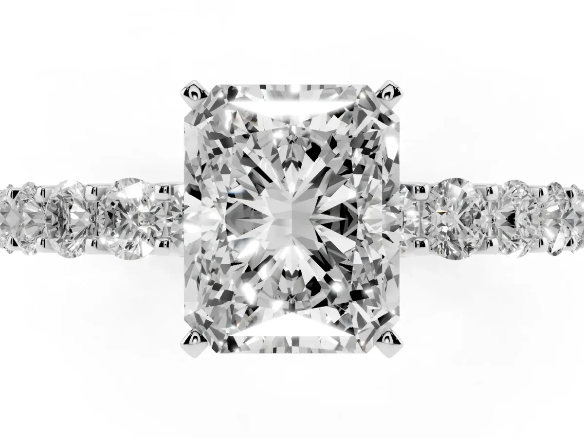 Radiant Cut Diamond Solitaire Ring with Shared Prong Pavé Band and Four-Prong Setting Platinum