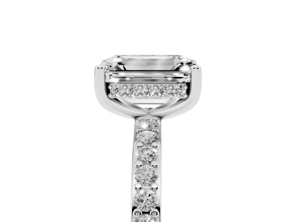 Emerald Cut Cut Diamond Pavé Band Ring with Four-Prong Setting Silver