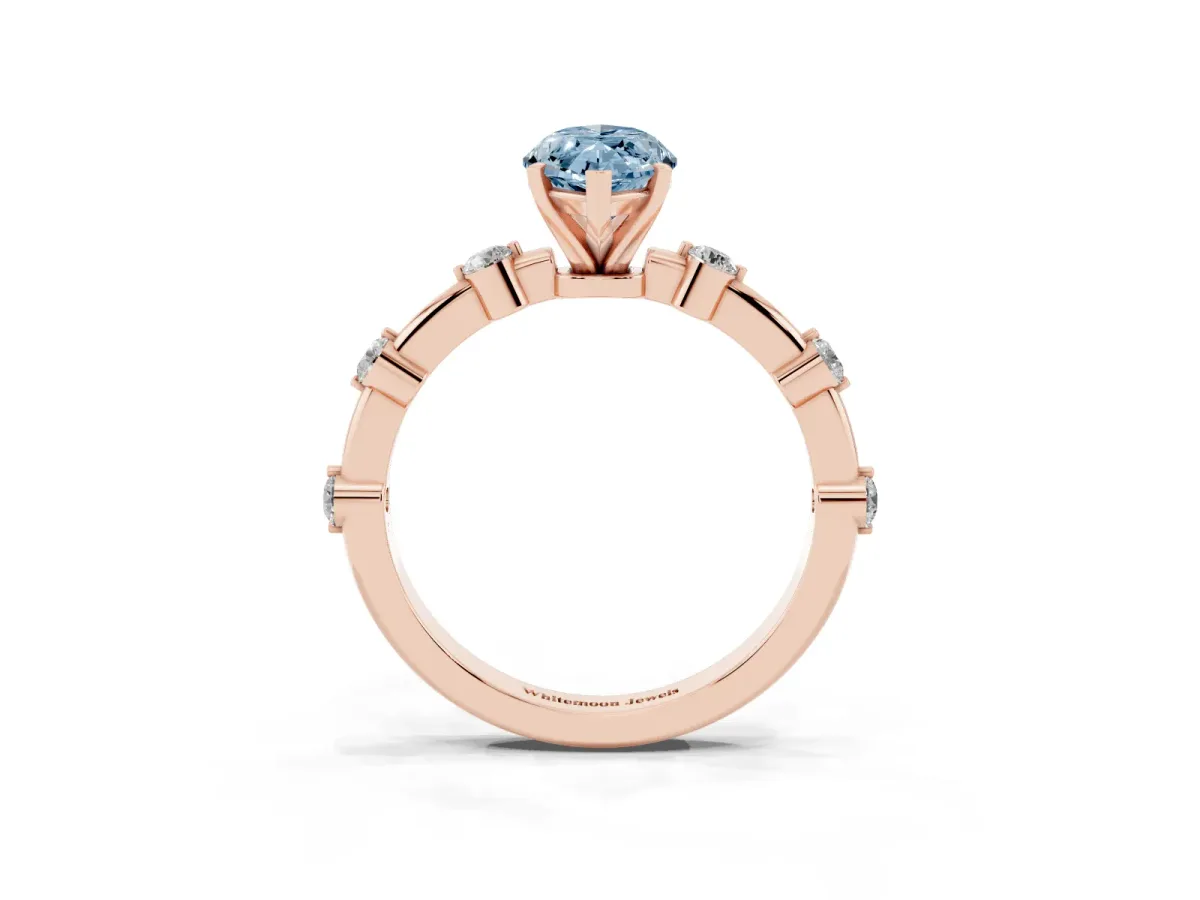 Fancy Blue Marquise Cut Solitaire Diamond Ring with Bezel Set Side Stones and Prong Setting Rose gold