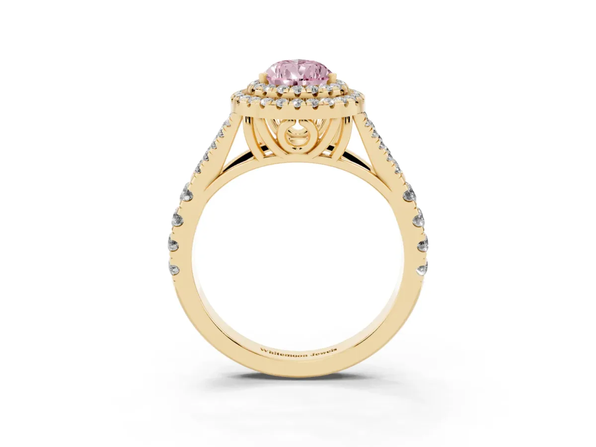 Fancy Pink Pear Cut Cut Double Halo Split Shank Diamond Ring with Prong Setting Yellow gold