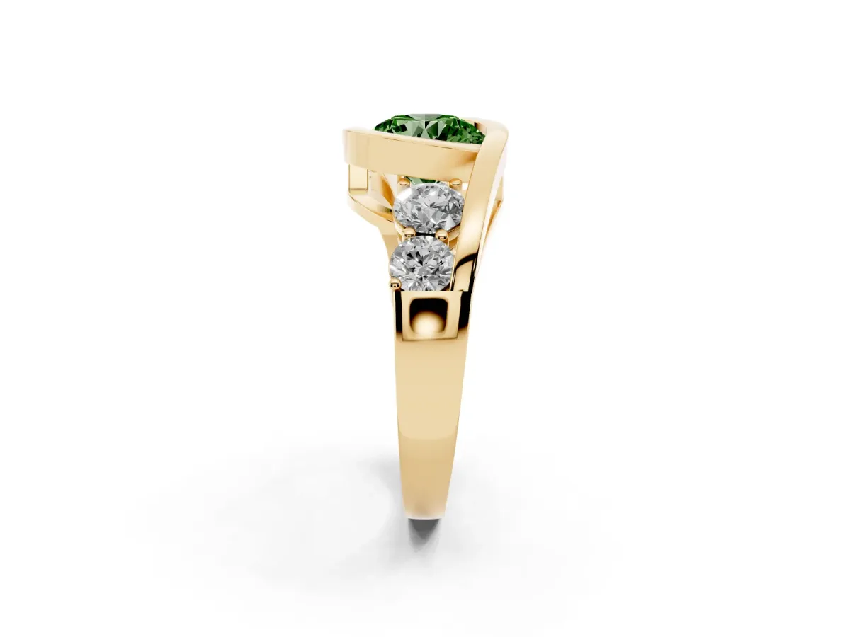 Fancy Green Bezel Set Round Cut Diamond Bypass Ring with Round Accents Yellow gold