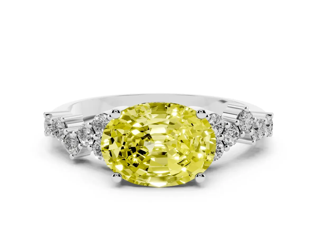 Fancy Yellow Oval Cut Diamond Scattered Round Accent Ring with Prong Setting White gold