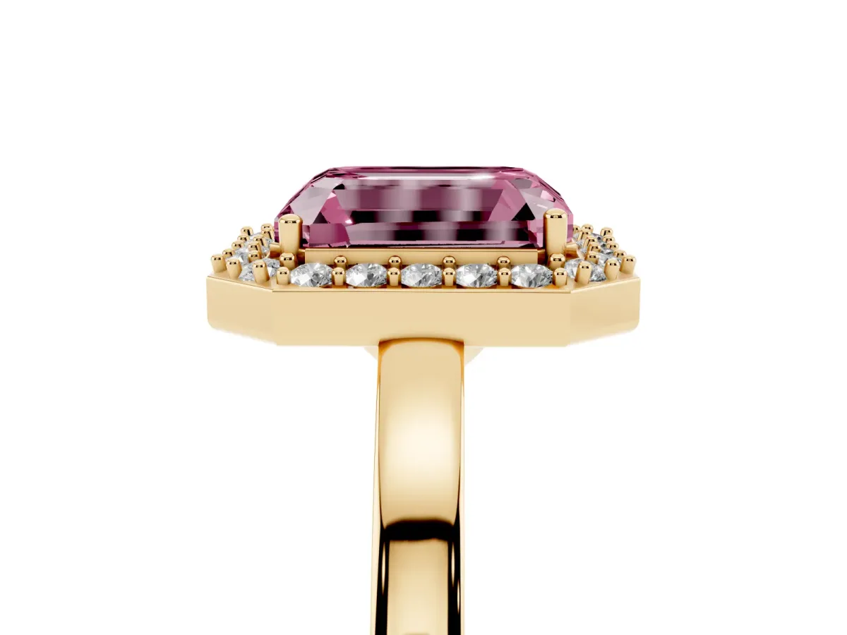 Fancy Pink Radiant Cut Halo Diamond Ring with Solitaire Band and Prong Setting Yellow gold