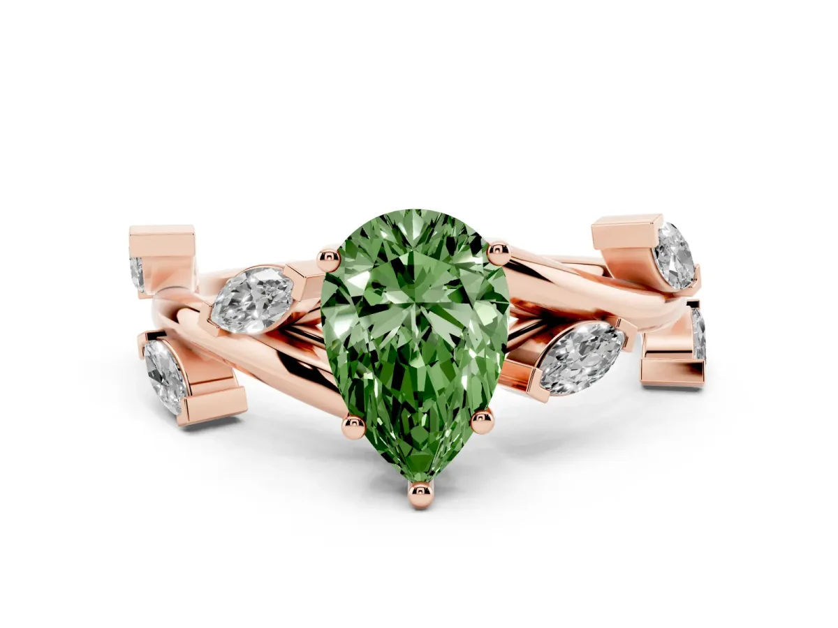 Fancy Green Pear Cut Solitaire Twisted Band Marquise Accent Prong Setting Ring Rose gold