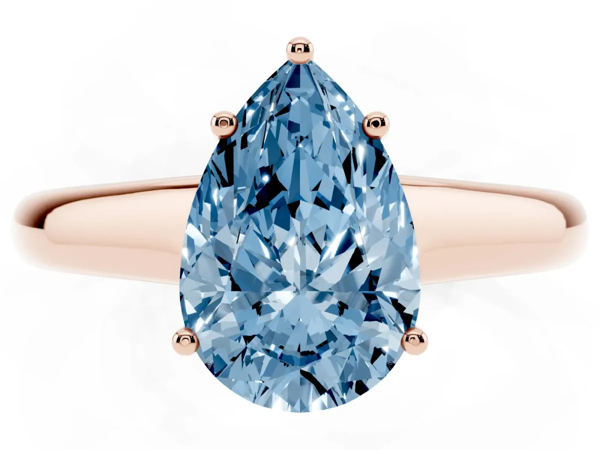 Fancy Blue Pear Cut Solitaire Engagement Ring with Tapered Band and Four-Prong Setting Rose gold