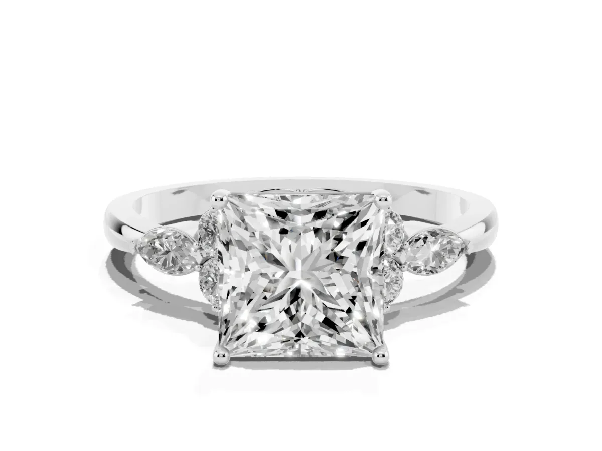 Princess Cut Brilliant Diamond Solitaire Ring with Pear Side Stones and Four-Prong Setting Silver