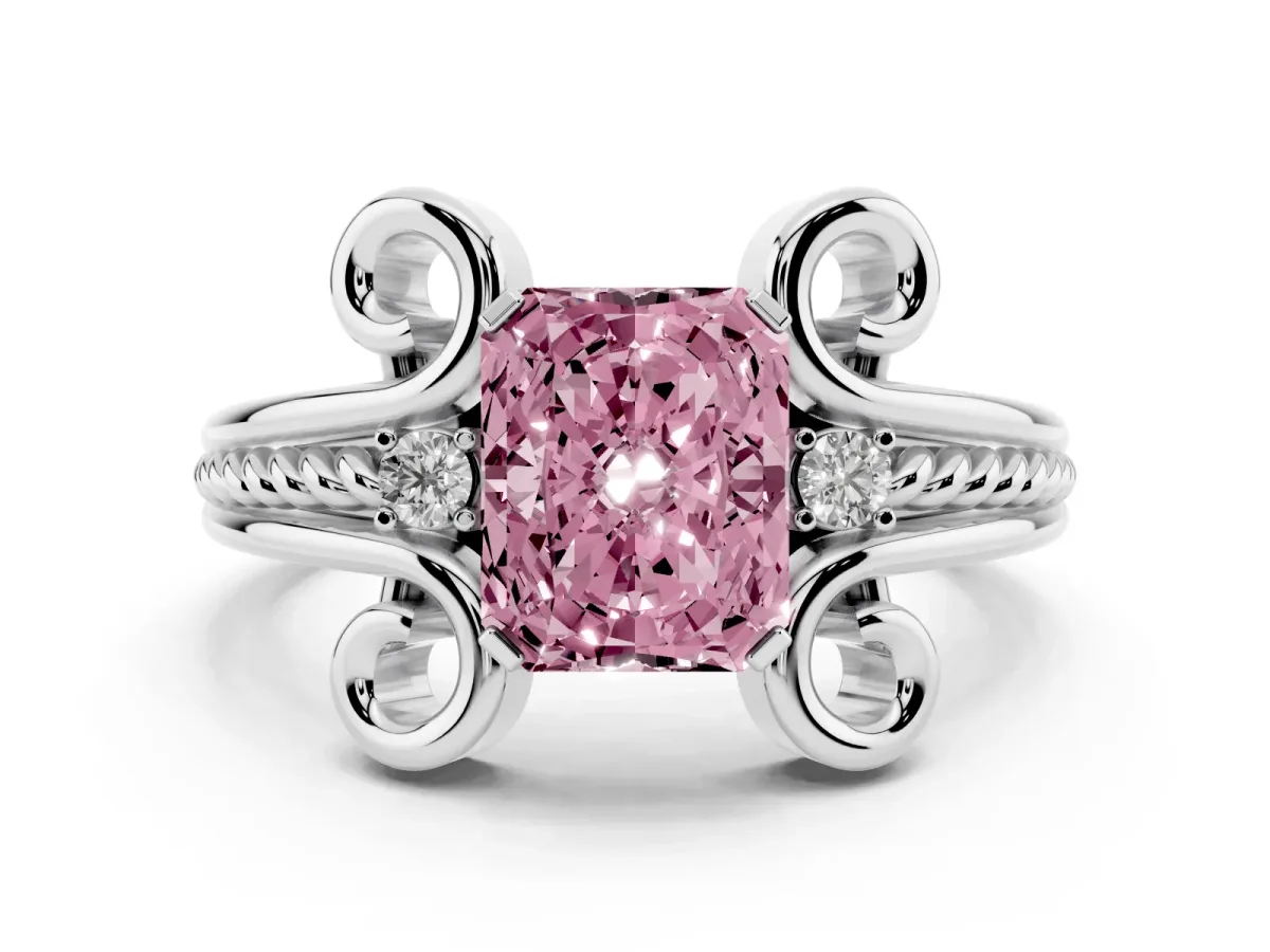 Fancy Pink Radiant Cut Solitaire Twisted Band Scroll Prong Ring Silver
